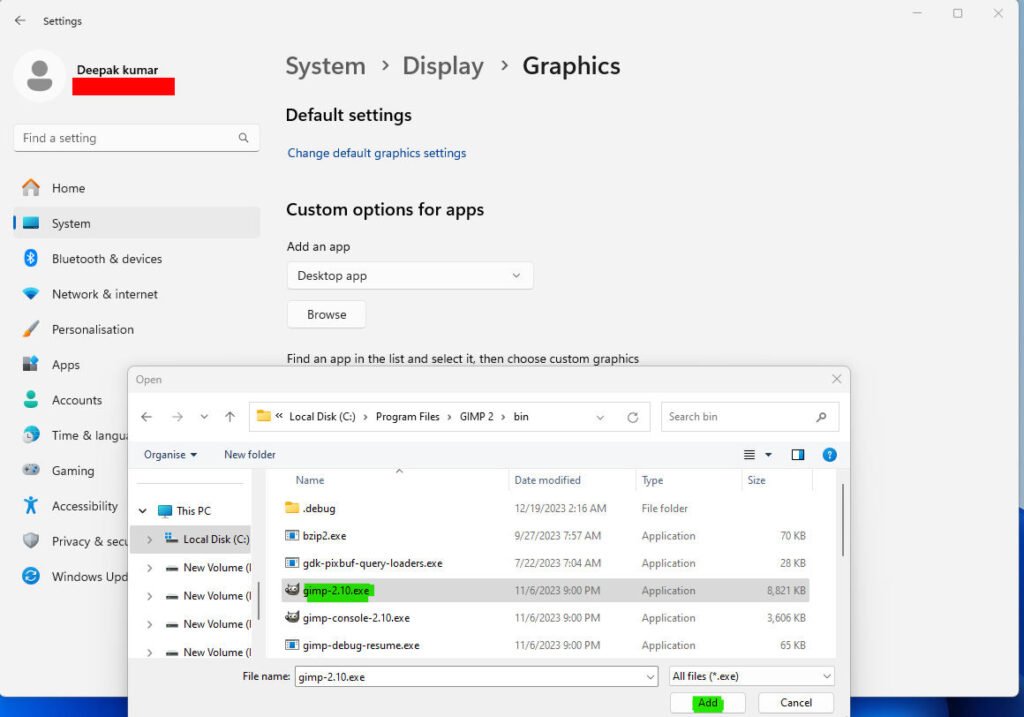 Windows 11 Settings - Graphics settings - Browse app