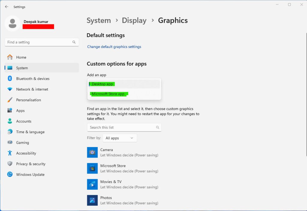 Windows 11 Settings - Graphics settings - App selection