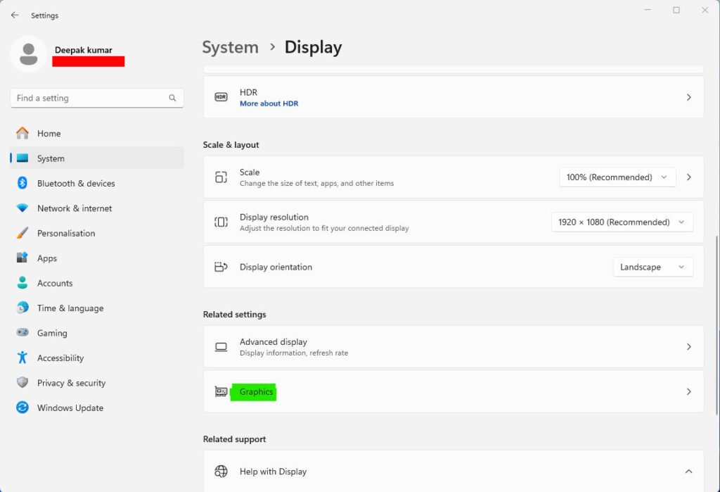 Windows 11 Settings - Graphics settings