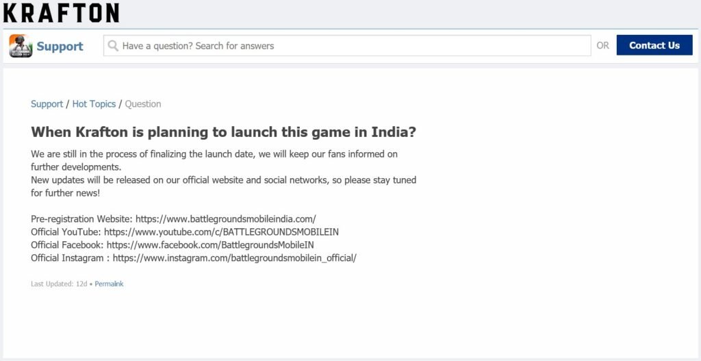 Battlegrounds Mobile India release date - Krafton Official Website comment