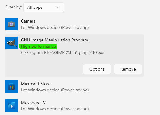 Setup default GPU for apps in Windows 11 competed